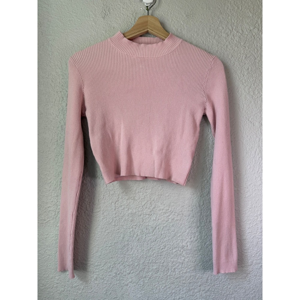 Brandy Melville Pink Ribbed Mock Neck Long Sleeve Crop Top Sweater